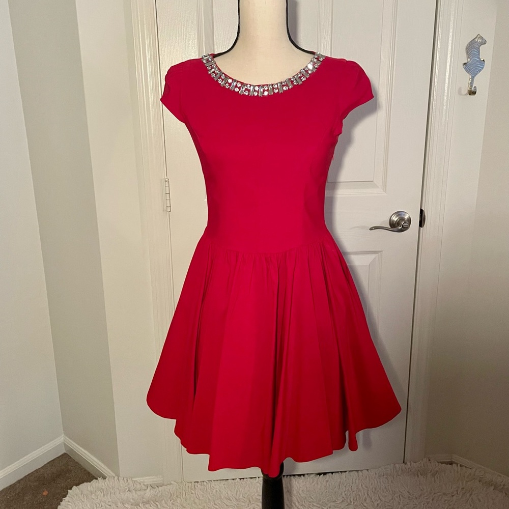 Red Cap Sleeve Prom Dress with Jewel Neckline